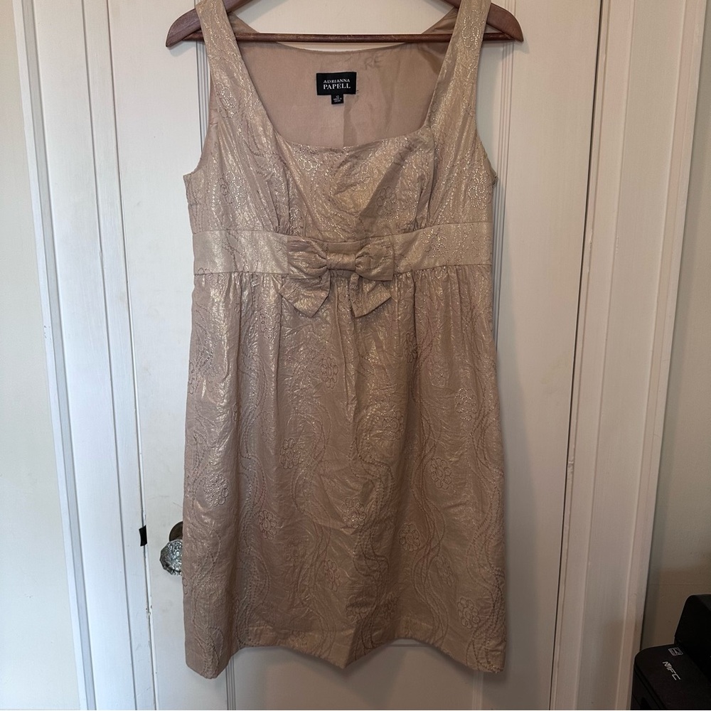 Adrianna Papell Champagne & Gold Metallic Dress with Bow, Bridal, Cocktail